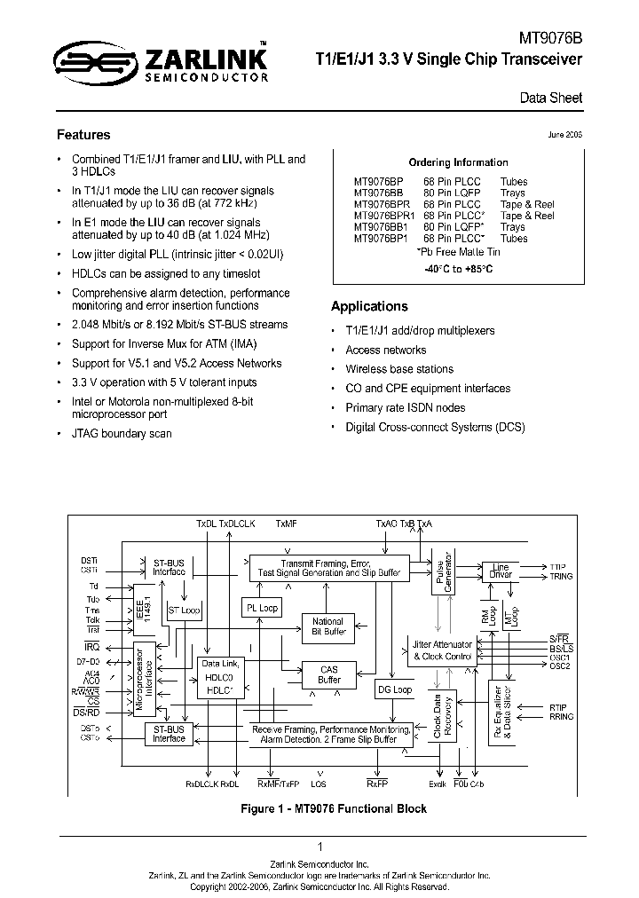 ZARLINKSEMICONDUCTORINC-MT9076BP1_6844456.PDF Datasheet