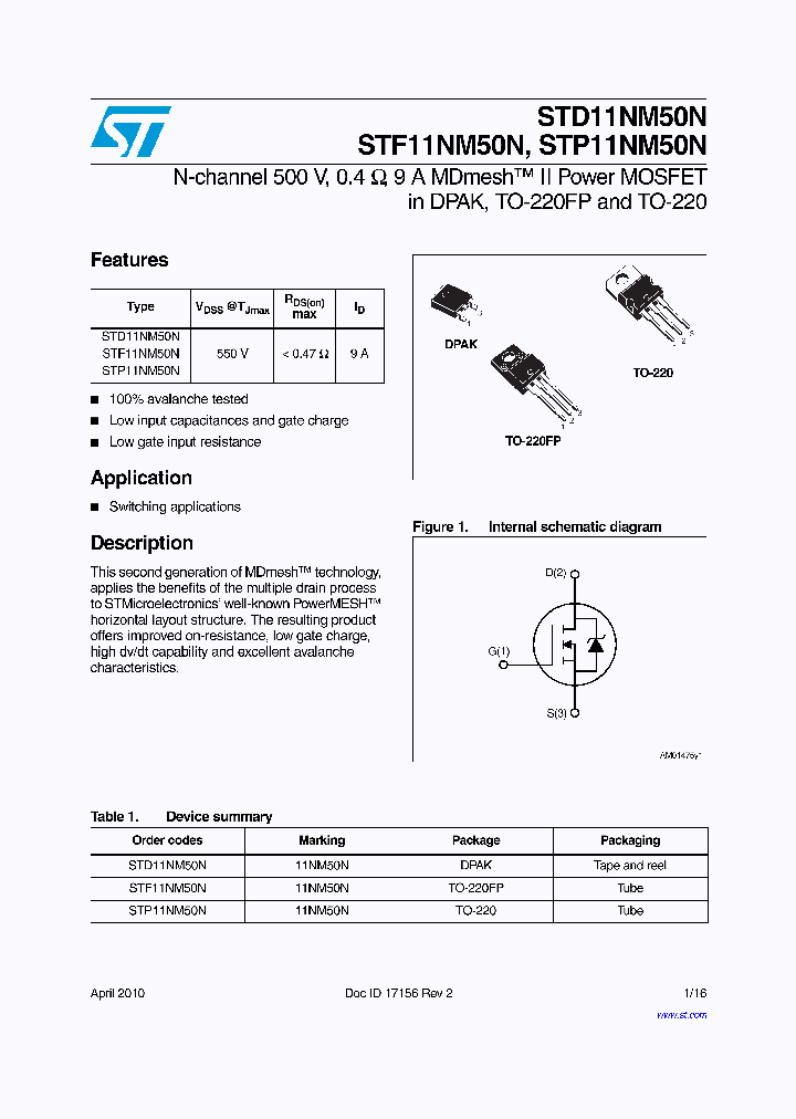 STMICROELECTRONICS-STP11NM50N_6873337.PDF Datasheet