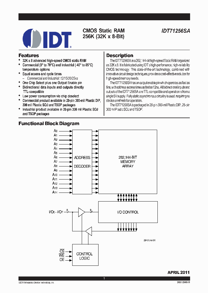 IDT71256SA20PZI_6954700.PDF Datasheet