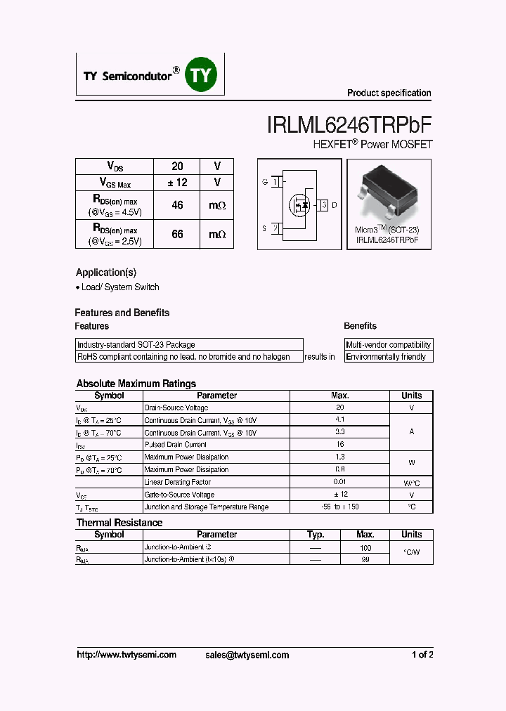 IRLML6246TRPBF_6976593.PDF Datasheet