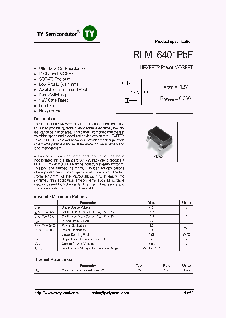 IRLML6401PBF_6976601.PDF Datasheet