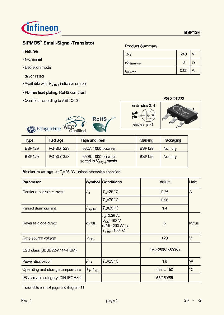 BSP129L6327HTSA1_6994673.PDF Datasheet