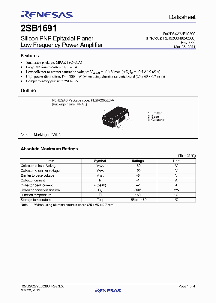2SB1691WL-TL-E_7045562.PDF Datasheet