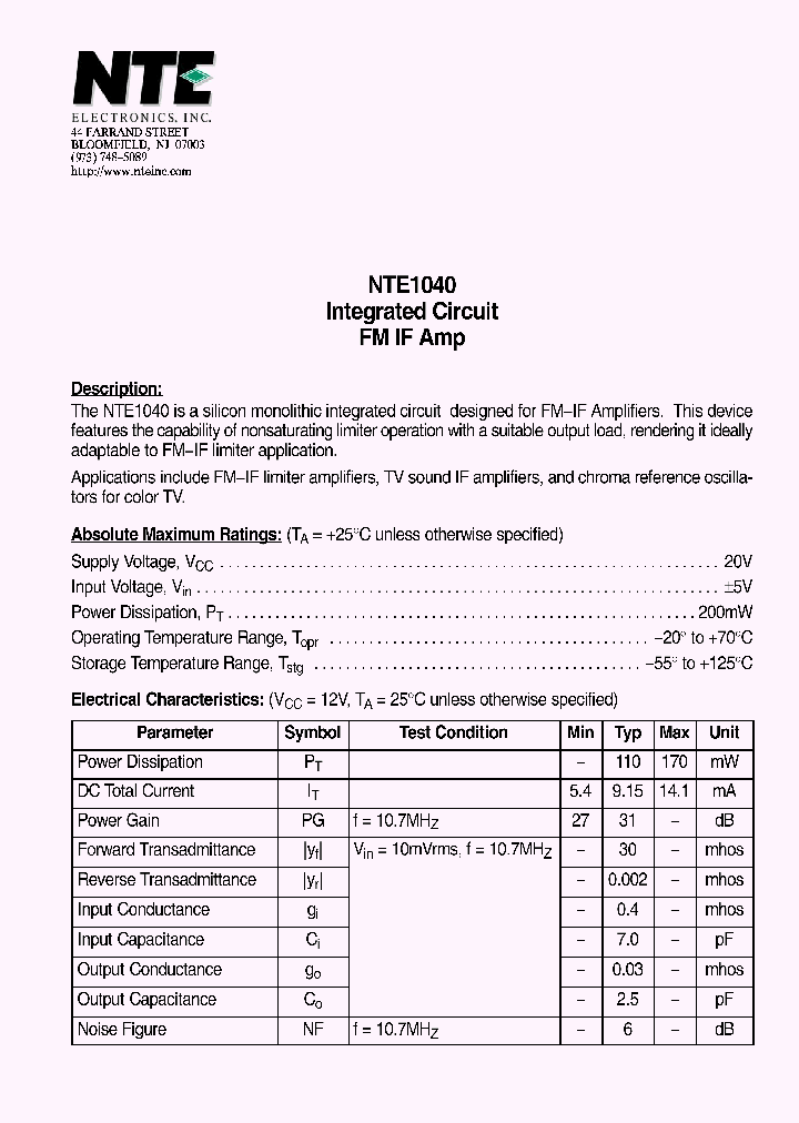 NTE1040_7109098.PDF Datasheet
