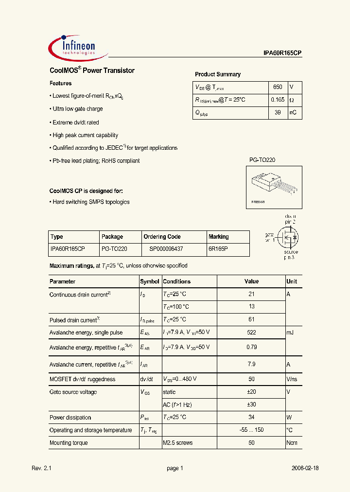 IPA60R165CP_7221526.PDF Datasheet