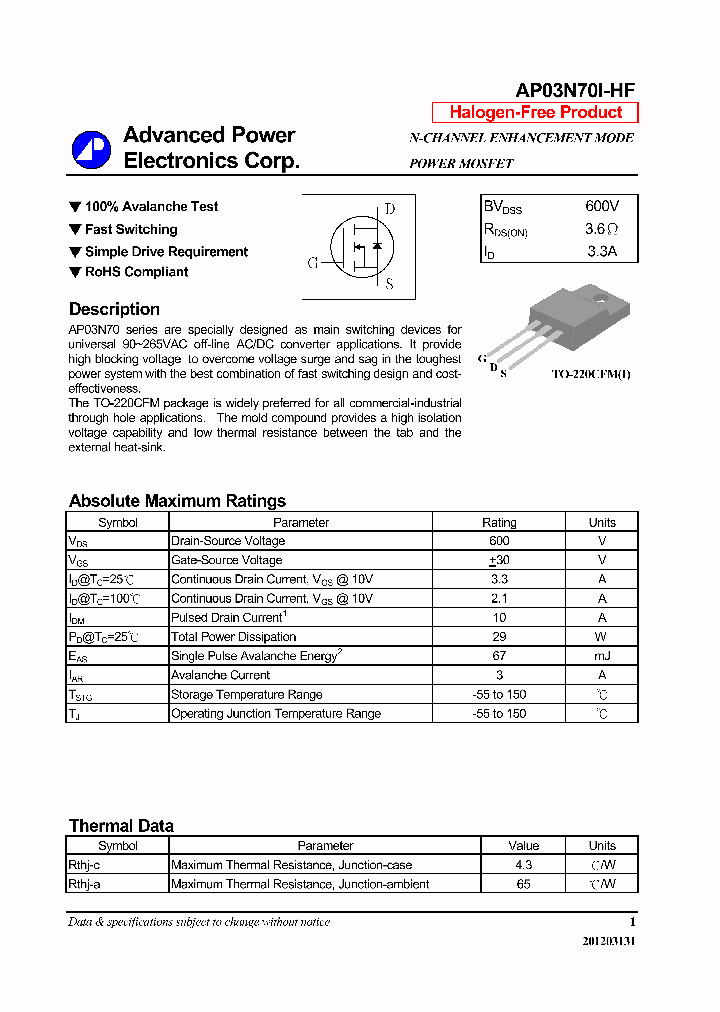 AP03N70I-HF_7250247.PDF Datasheet
