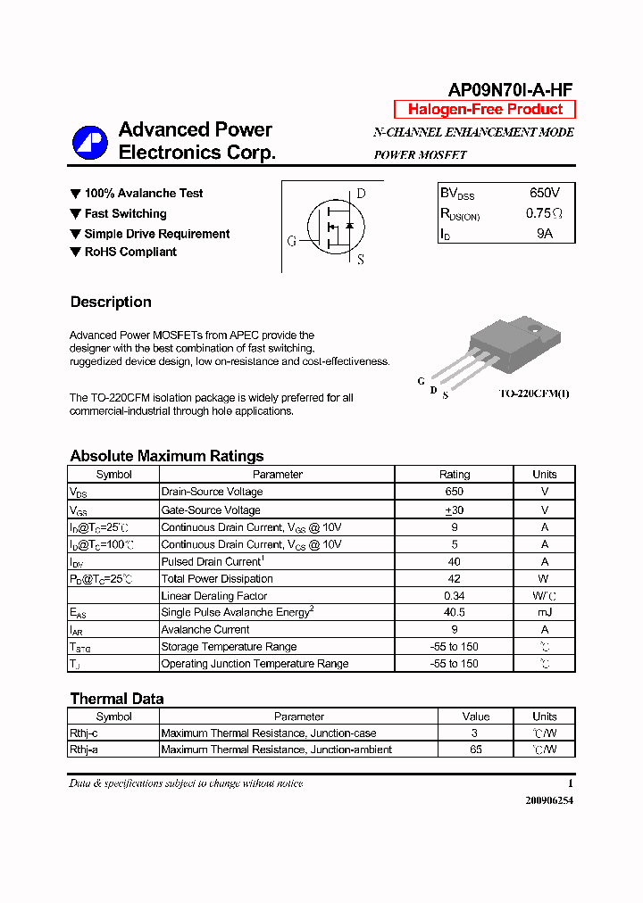 AP09N70I-A-HF_7299609.PDF Datasheet