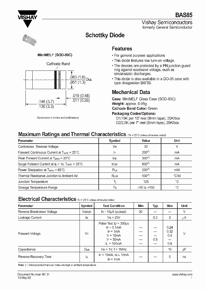 VISHAYSEMICONDUCTORS-BAS85_7315397.PDF Datasheet