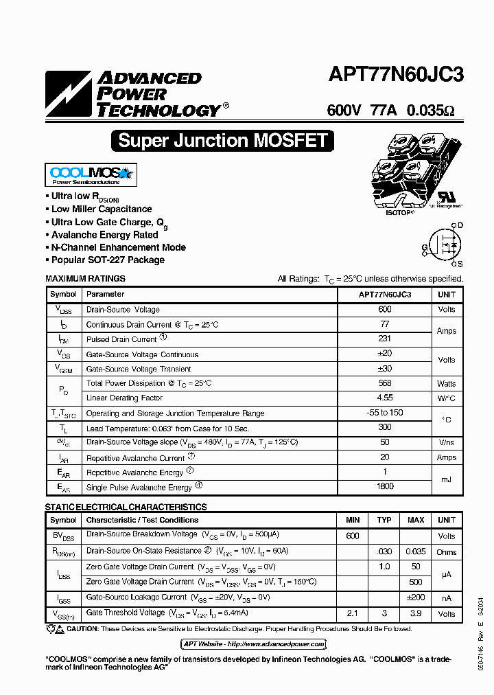 APT77N60JC3_7672932.PDF Datasheet