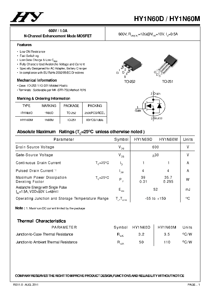 HY1N60M_7678322.PDF Datasheet