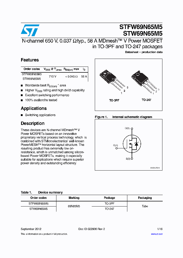 STFW69N65M5_7698796.PDF Datasheet