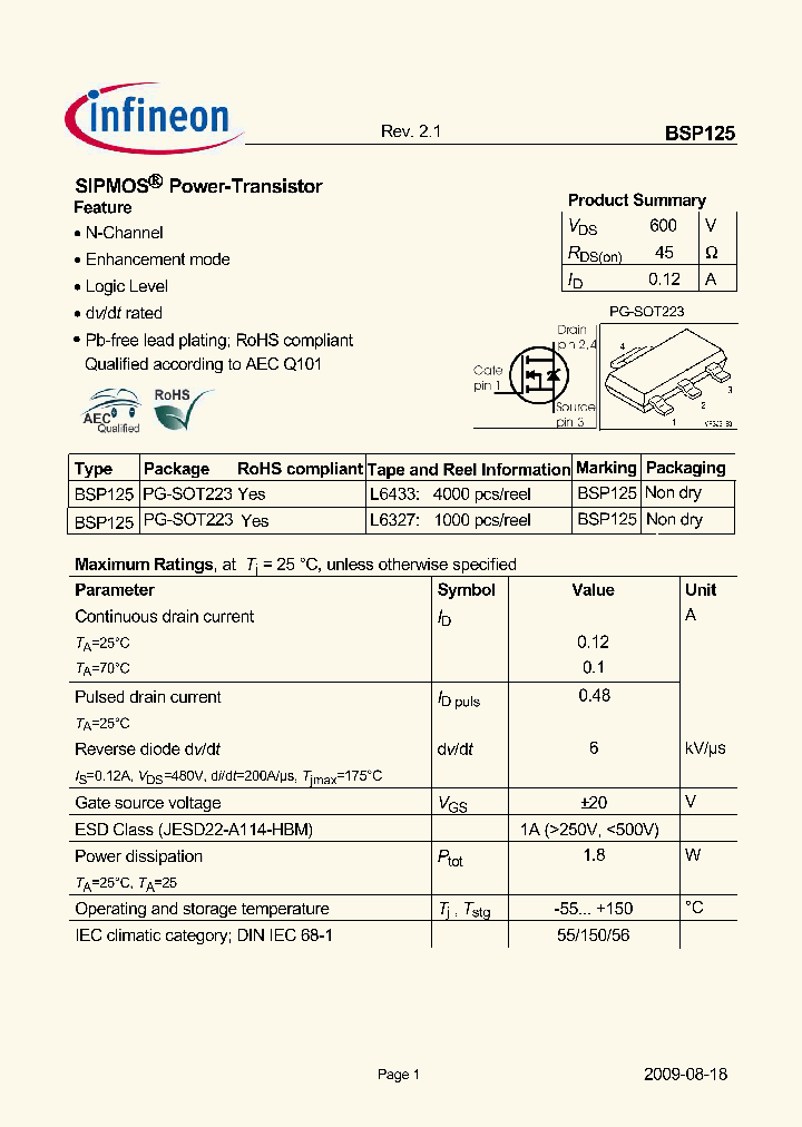 BSP125L6327_7719958.PDF Datasheet