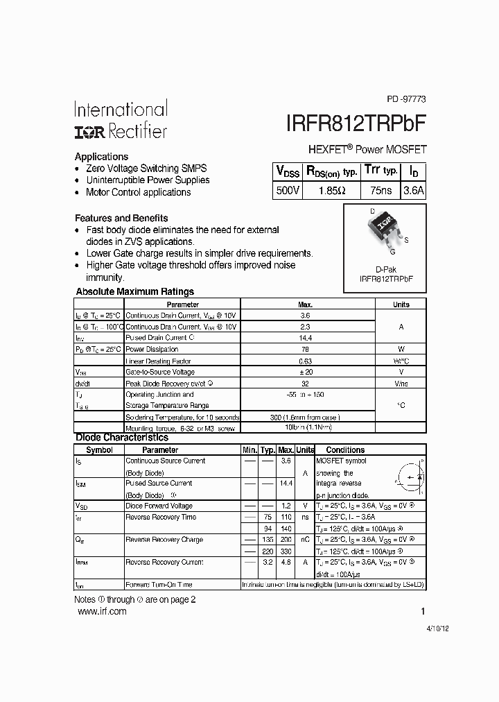 IRFR812TRPBF_7803104.PDF Datasheet