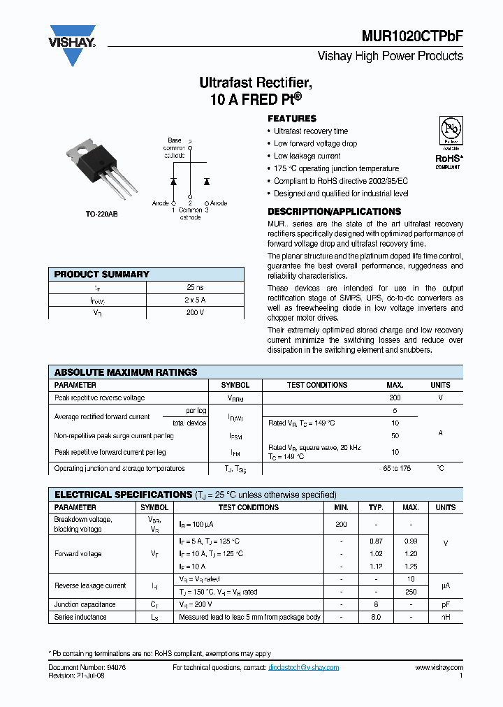 MUR1020CTPBF_7802010.PDF Datasheet