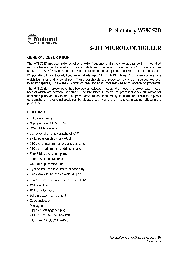 W78C52DDPDF_7912153.PDF Datasheet