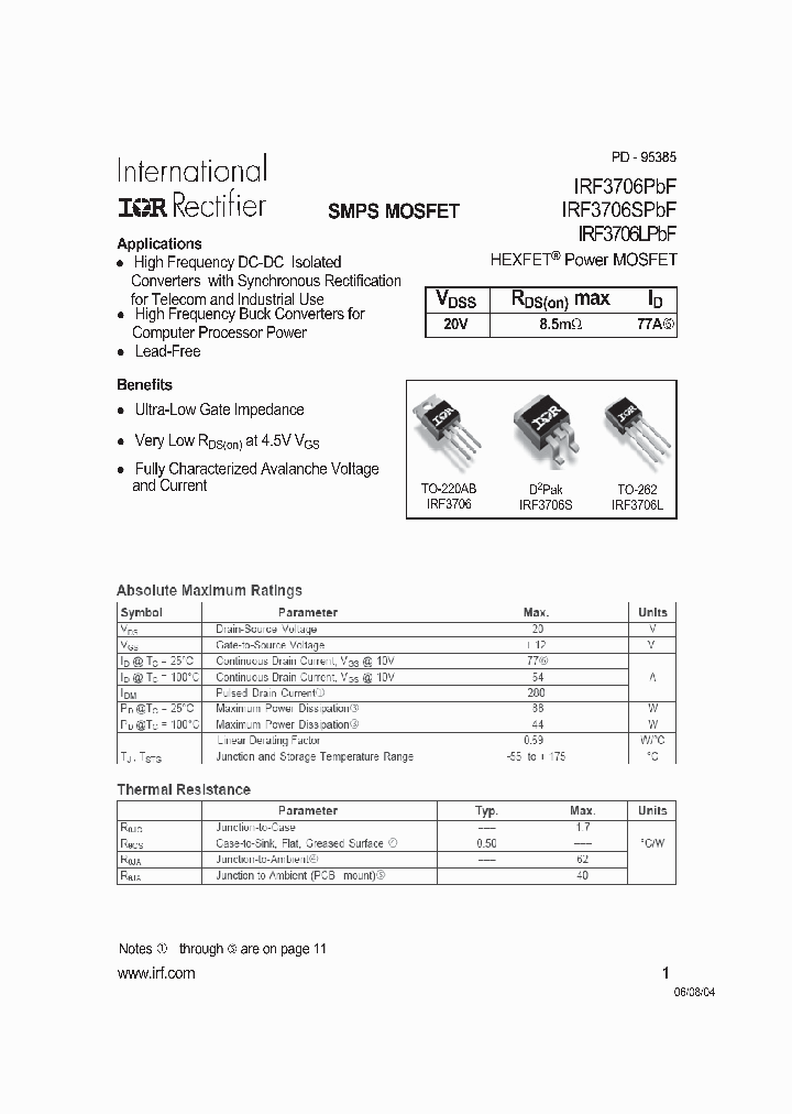 IRF3706LPBF_8001387.PDF Datasheet