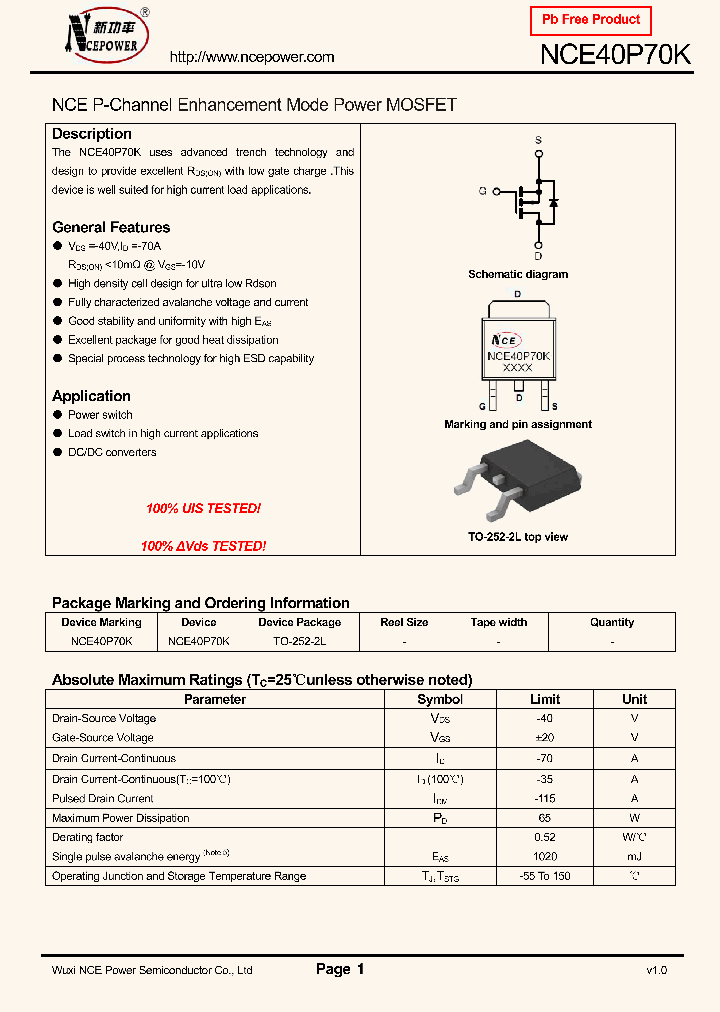 NCE40P70K_8104429.PDF Datasheet