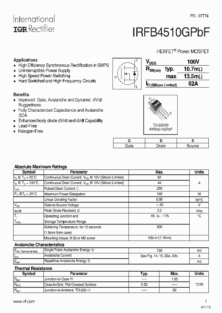 IRFB4510GPBF_8112718.PDF Datasheet