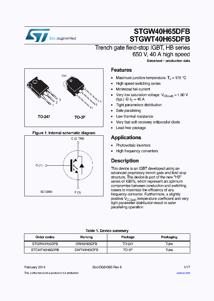STGW40H65DFB_8153745.PDF Datasheet