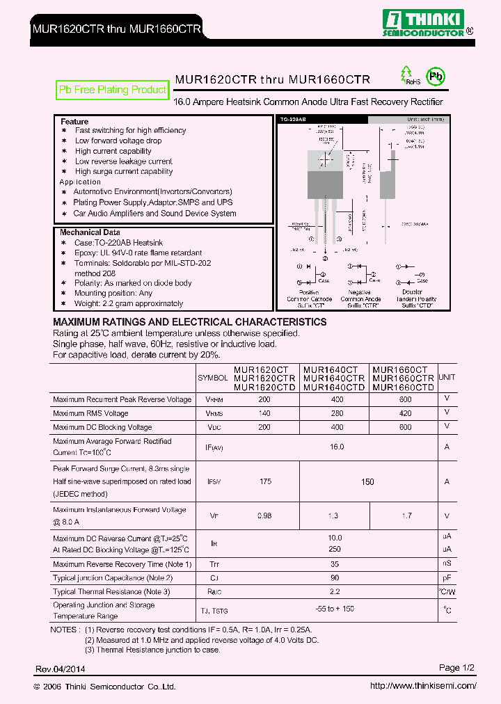 MUR1640CTD_8154340.PDF Datasheet