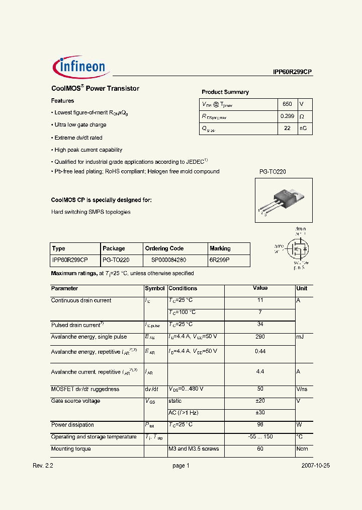 IPP60R299CPXKSA1_8196244.PDF Datasheet
