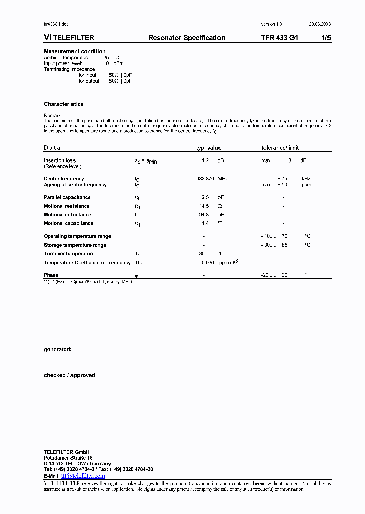 TFR433G1_8226640.PDF Datasheet