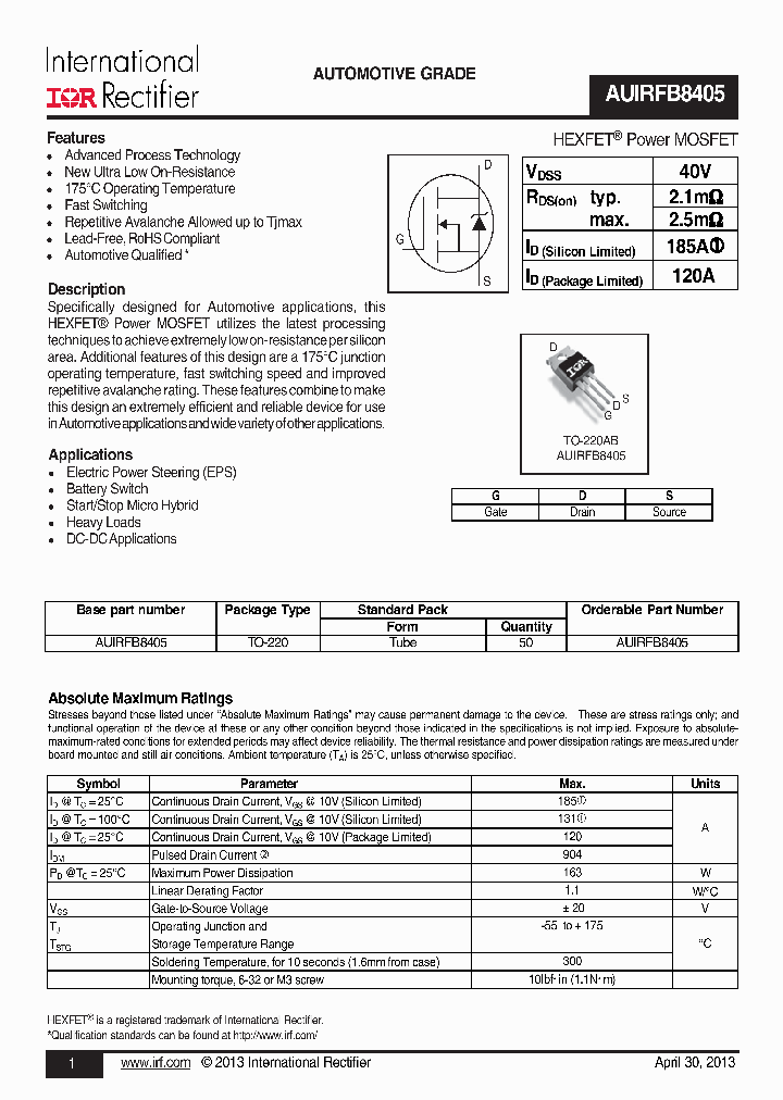 AUIRFB8405_8229218.PDF Datasheet
