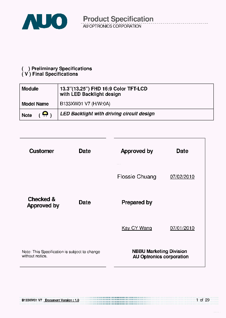 B133XW01-V7_7854639.PDF Datasheet