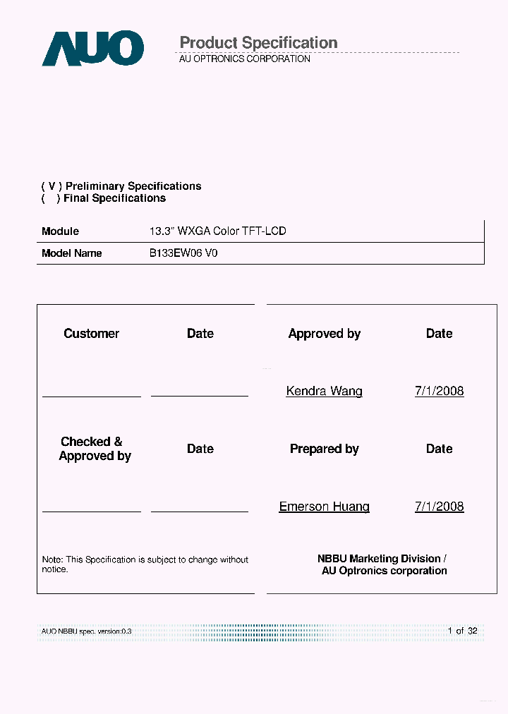 B133EW06-V0_7856125.PDF Datasheet