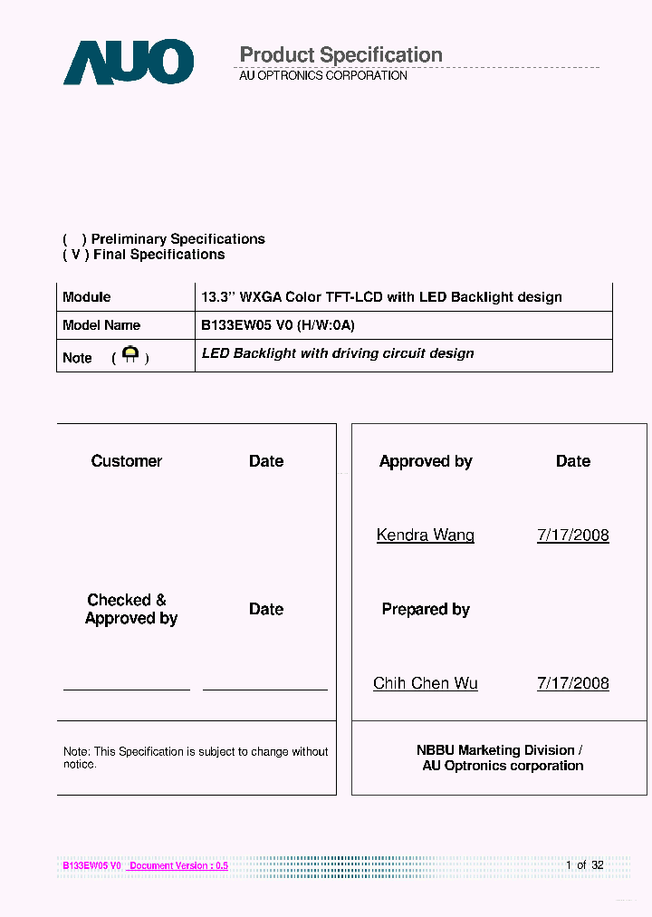 B133EW05-V0_7873296.PDF Datasheet