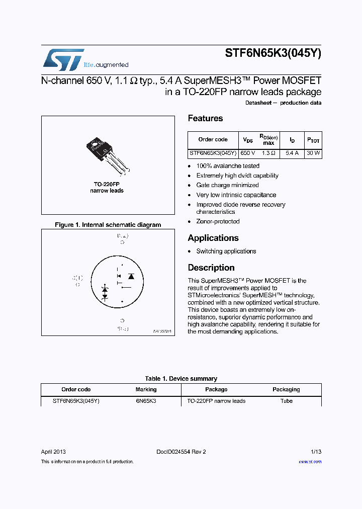 STF6N65K3045Y_8286458.PDF Datasheet