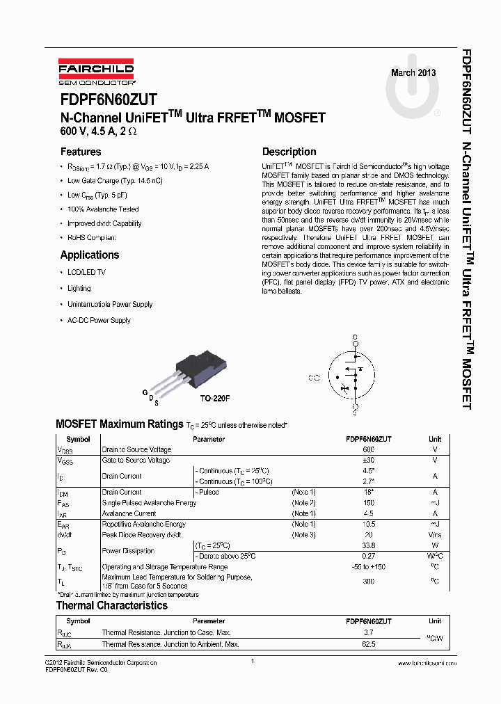 FDPF6N60ZUT_8301620.PDF Datasheet