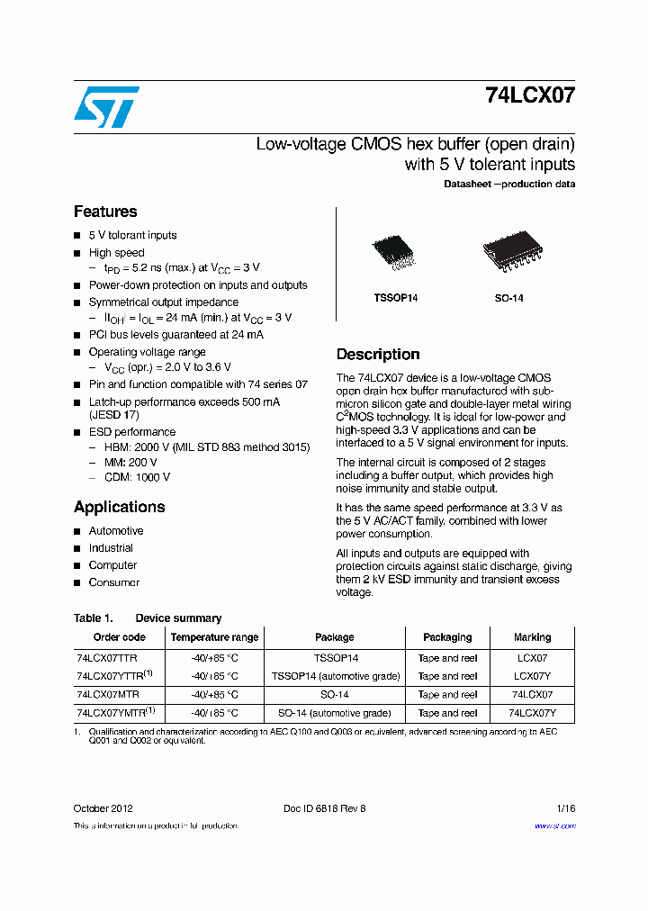 74LCX07YTTR_8316337.PDF Datasheet