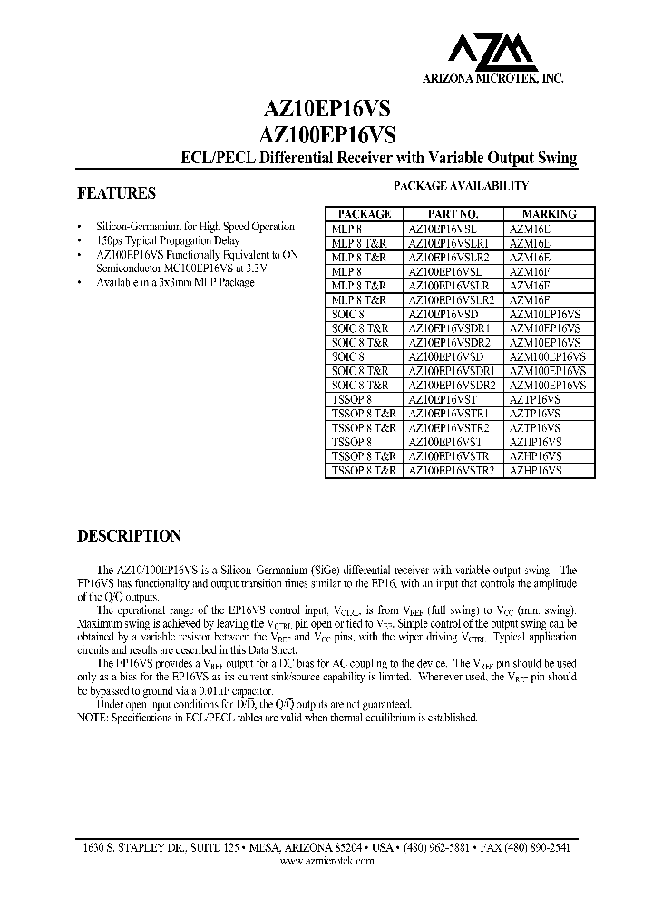 AZ100EP16VSLR2_8330560.PDF Datasheet