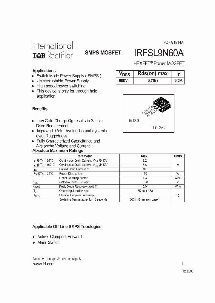 IRFSL9N60A_8360371.PDF Datasheet