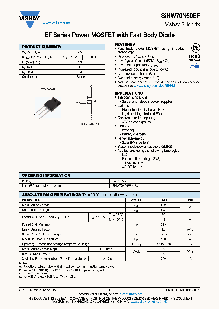 SIHW70N60EF_8373183.PDF Datasheet