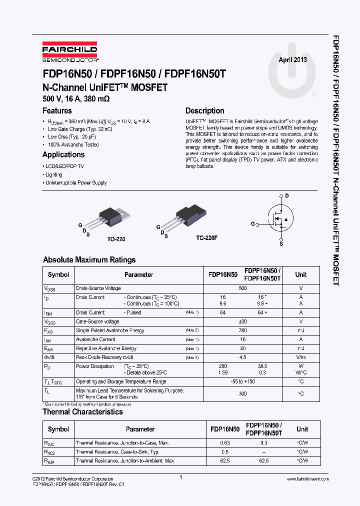 FDPF16N50_8380516.PDF Datasheet