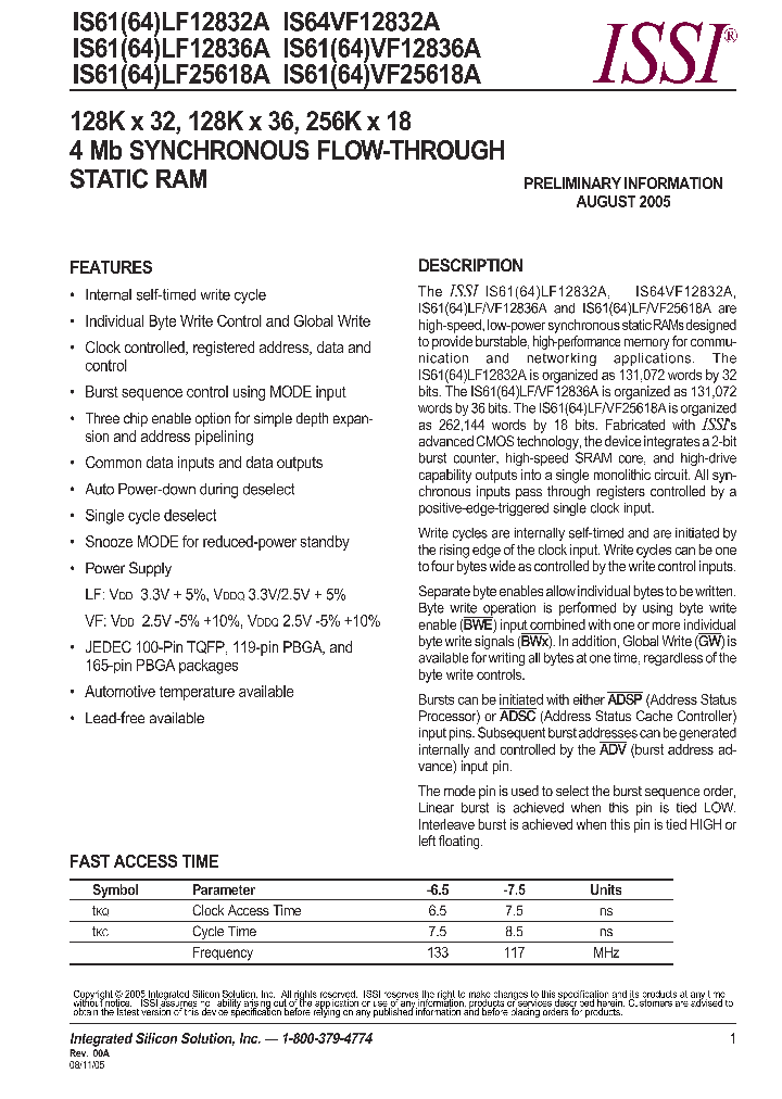 IS61LF25618A-75TQLI_8468502.PDF Datasheet
