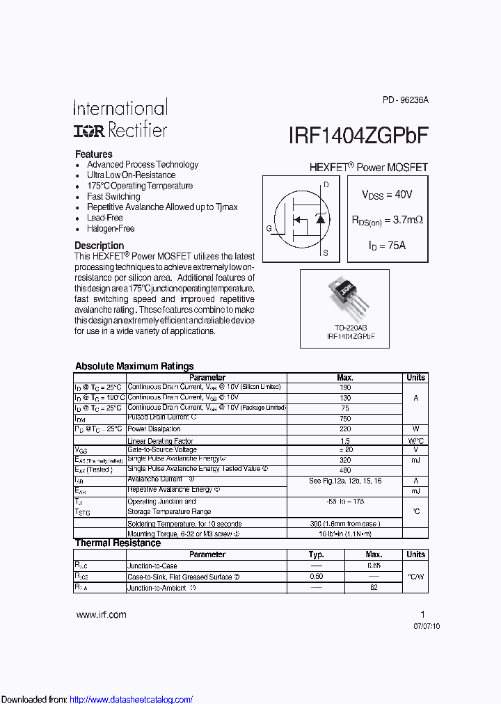IRF1404ZGPBF_8703513.PDF Datasheet