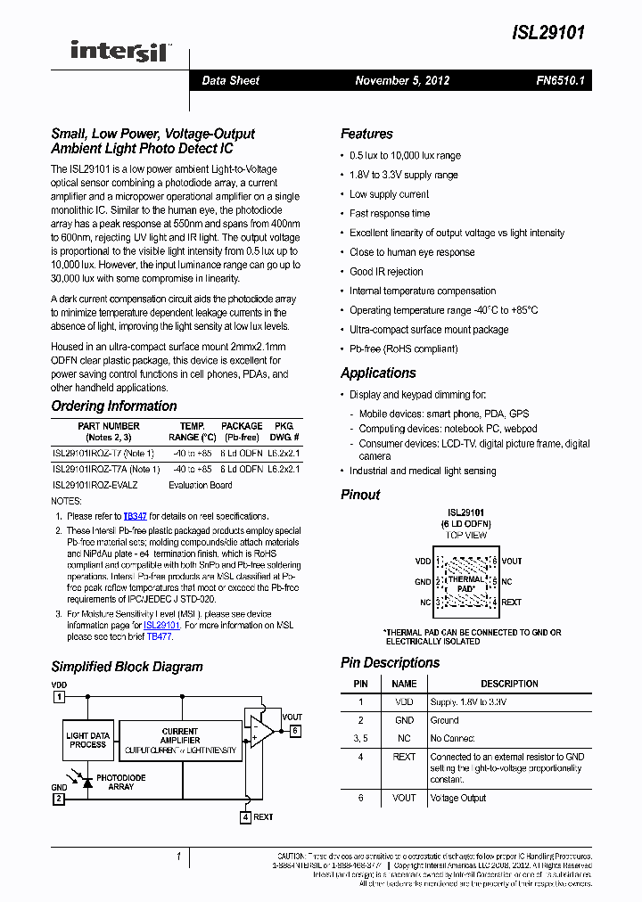 ISL29101IROZ-T7_8830124.PDF Datasheet