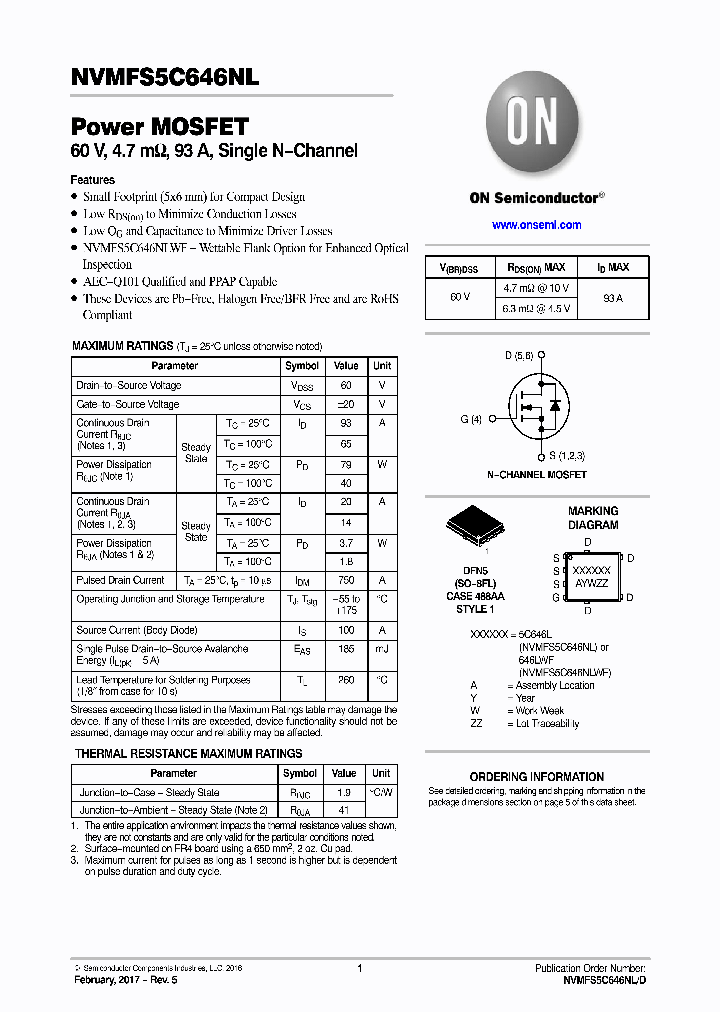NVMFS5C646NLAFT1G_8845785.PDF Datasheet