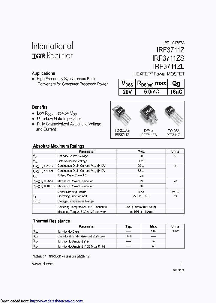 IRF3711ZSTRL_8886225.PDF Datasheet