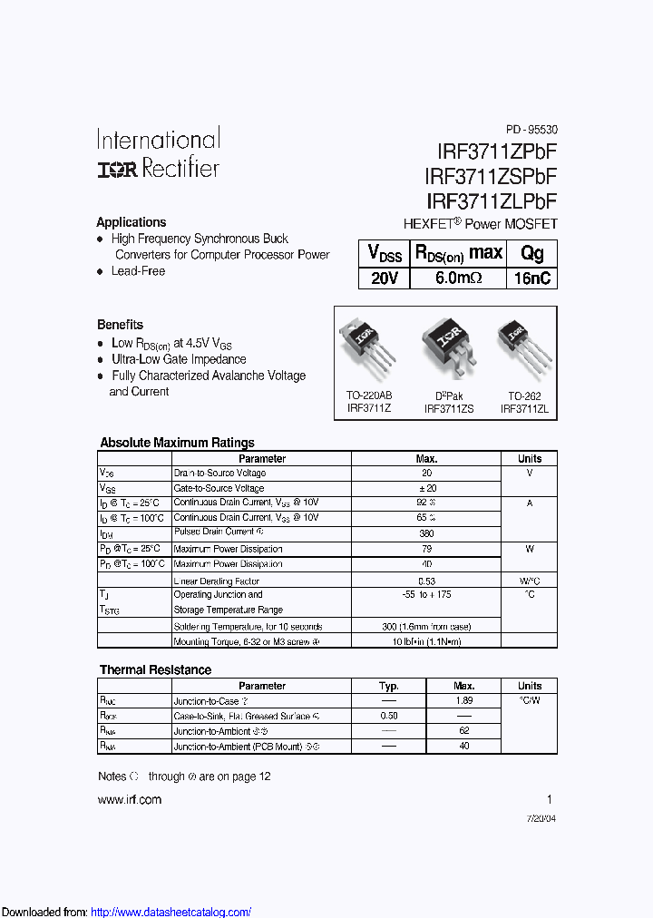 IRF3711ZSTRLPBF_8886226.PDF Datasheet