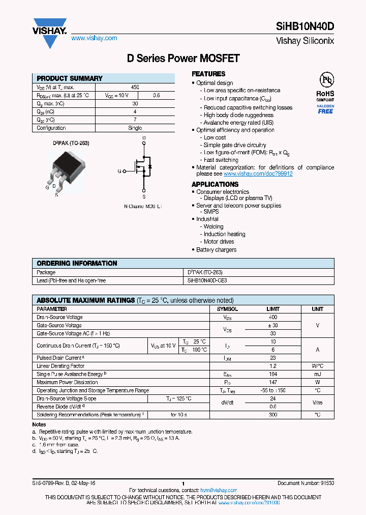 SIHB10N40D_8905708.PDF Datasheet
