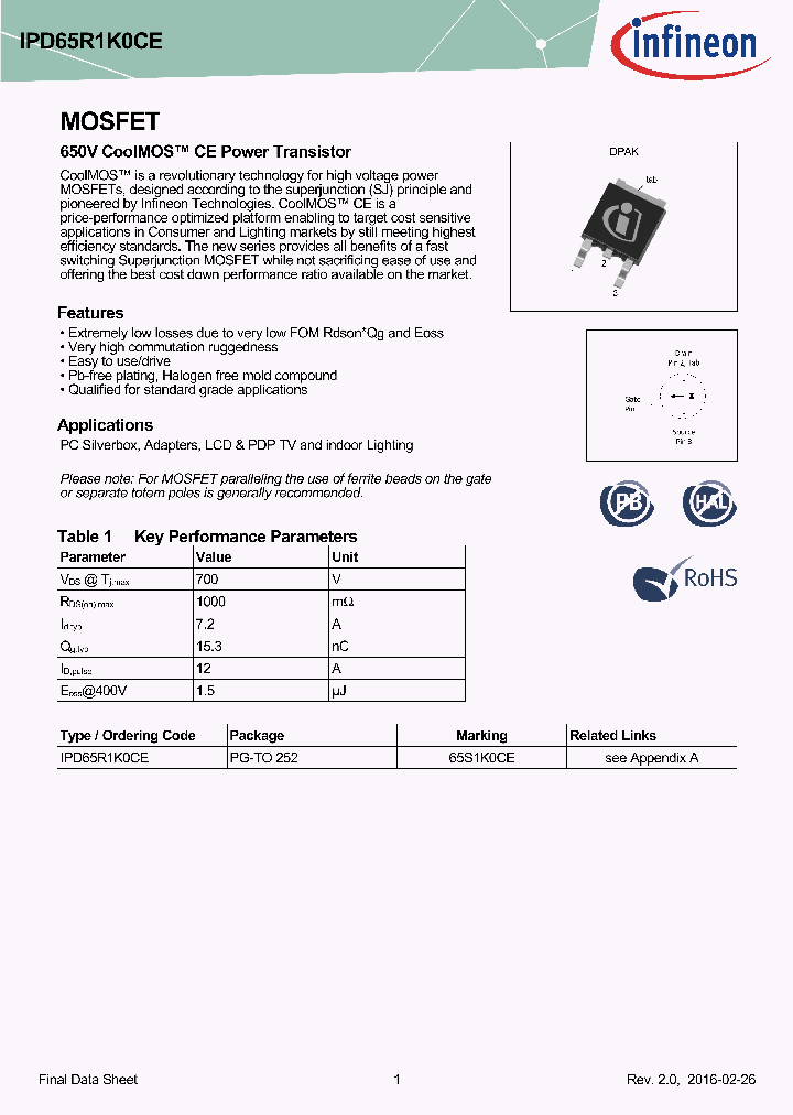 IPD65R1K0CE_8926516.PDF Datasheet