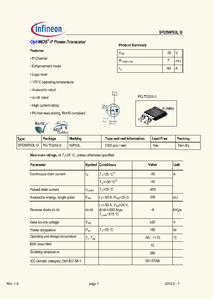 SPD50P03LG_8948711.PDF Datasheet