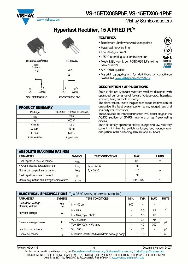 VS-15ETX06STRLPBF_8980230.PDF Datasheet