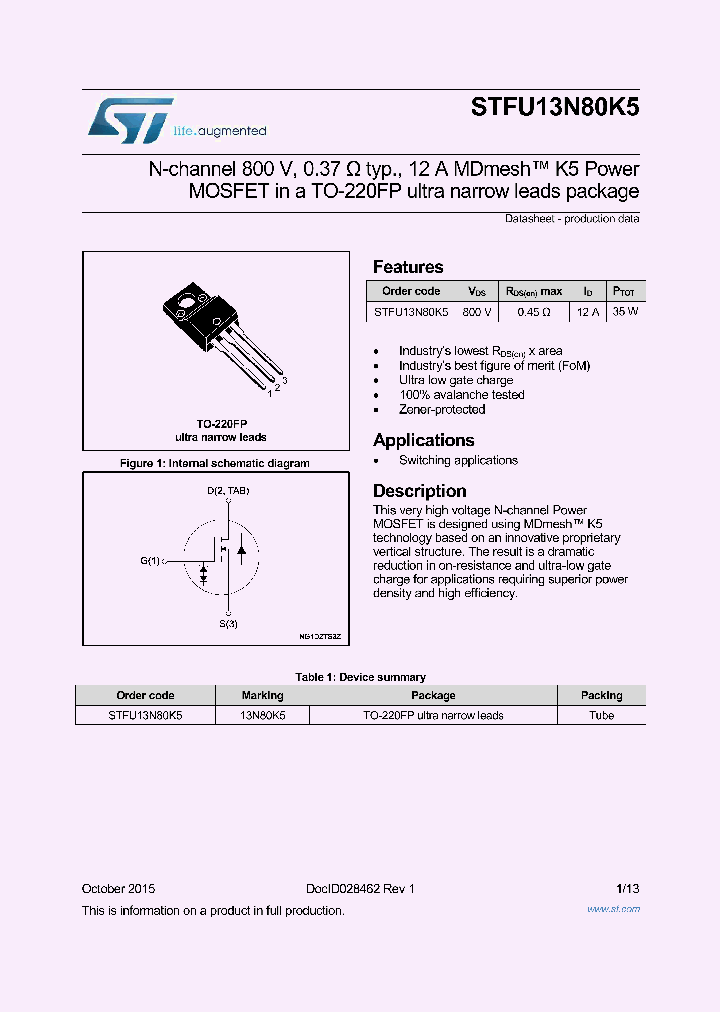 STFU13N80K5_8996597.PDF Datasheet