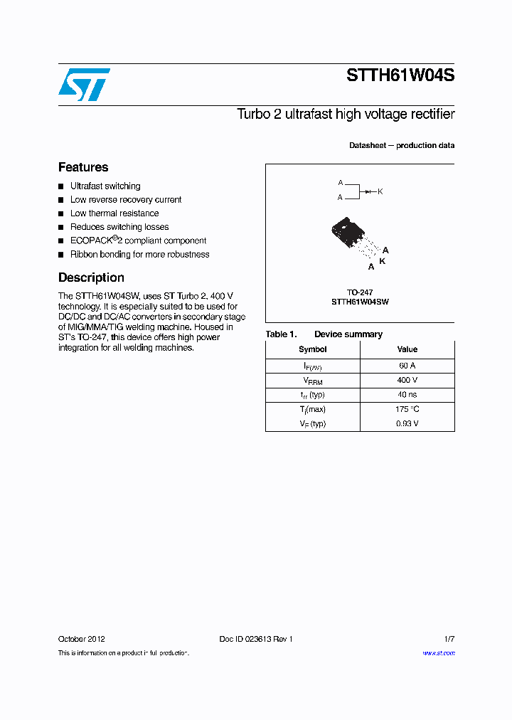 STTH61W04S_9017728.PDF Datasheet