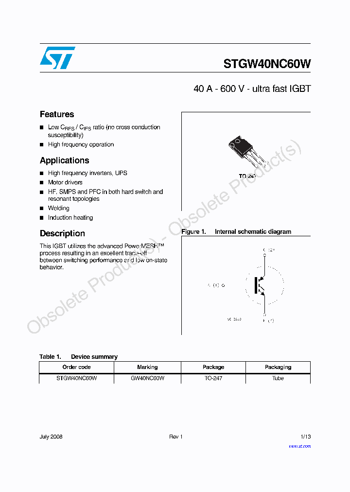STGW40NC60W_9065124.PDF Datasheet